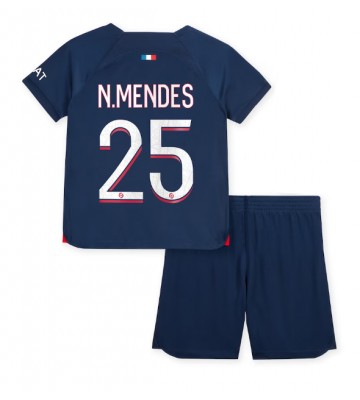 Paris Saint-Germain Nuno Mendes #25 Primera Equipación Niños 2023-24 Manga Corta (+ Pantalones cortos)